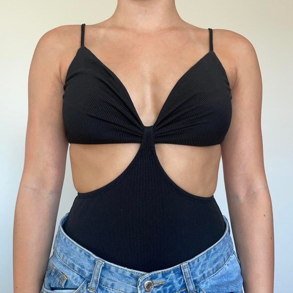 Princess Polly Black Rib Knit Cutout Sleeveless Bodysuit